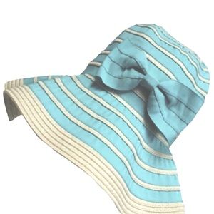 New Foldable Striped Bucket Hat with Removable Bow blue